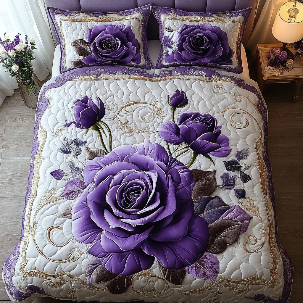 Conjunto dos roupa dos cama acolchoada dos 3 peças - Rosa Roxa