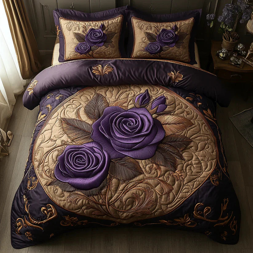 Conjunto dos roupa dos cama acolchoada dos 3 peças - Rosa Roxa