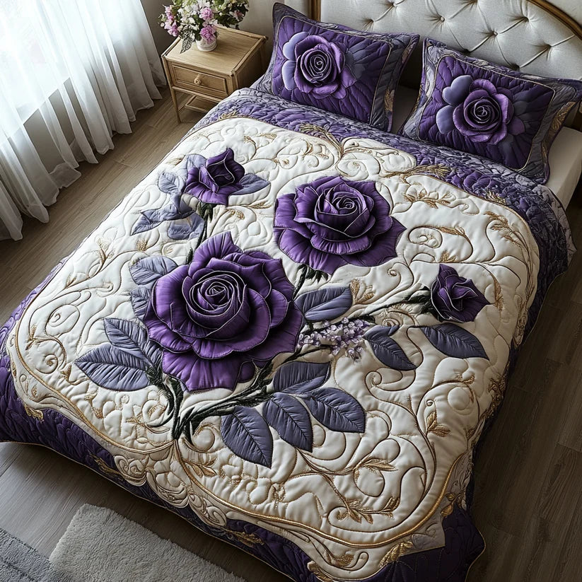 Conjunto dos roupa dos cama acolchoada dos 3 peças - Rosa Roxa