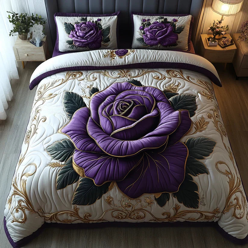 Conjunto dos roupa dos cama acolchoada dos 3 peças - Rosa Roxa